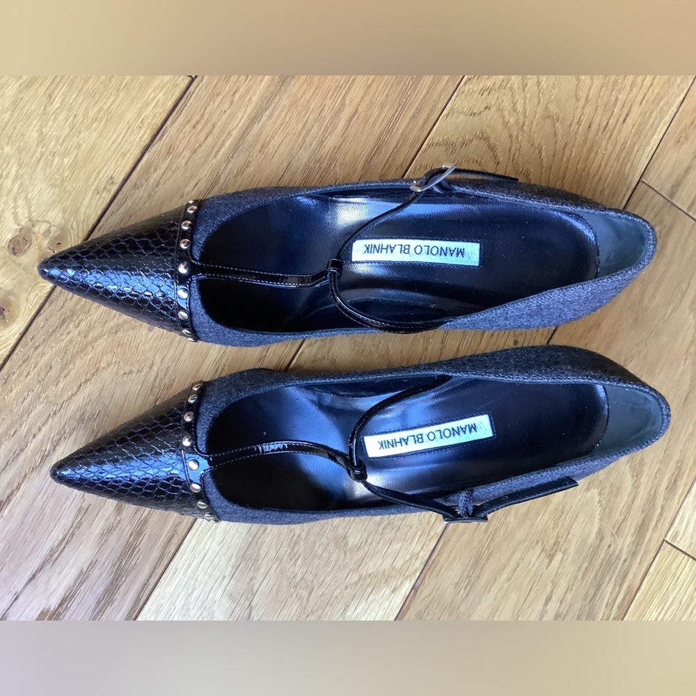 Manolo Blahnik Grey And Black Snake Skin, Cap Toe Studded Heels